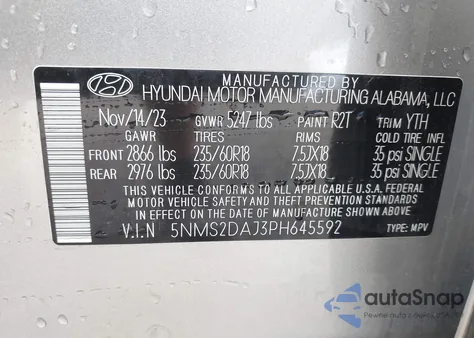 2023 Hyundai Santa Fe Sel из США, поврежденный, VIN 5NMS2DAJ3PH645592